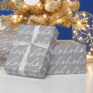 White Script Ho Ho Ho Silver Christmas Wrapping Paper