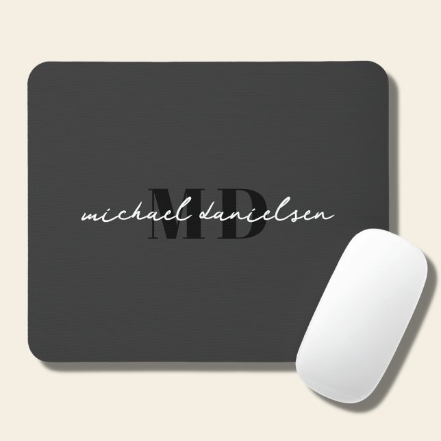  White Script Initial Monogram & Black Minimal Mouse Pad (Creator Uploaded)