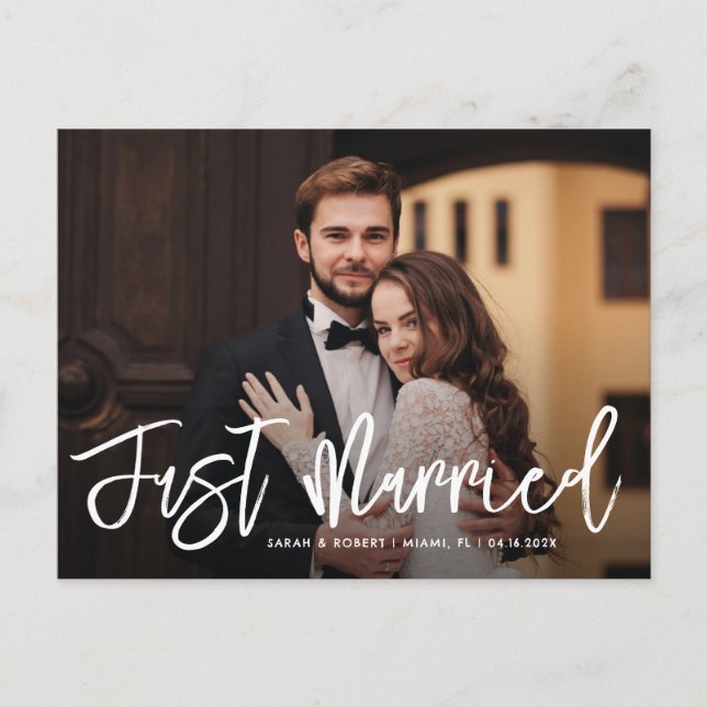white script just married wedding announcement postcard (Front)