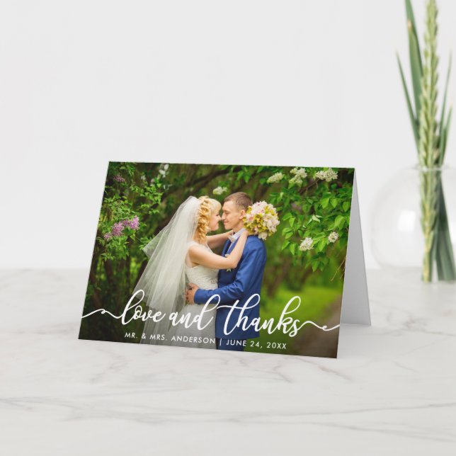 White Script Love and Thanks  Wedding Photo Fold Card (Front)