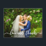 White Script Love and Thanks | Wedding Photo Postcard<br><div class="desc">Elegant Script Love and Thanks Wedding Photo Bride and Groom Thank You Postcard</div>
