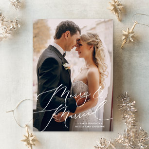 White Script Merry & Married Photo Christmas Holiday Card