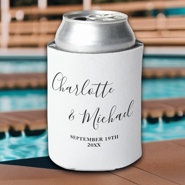 White Script Minimalist Wedding Can Cooler (Creator Uploaded)