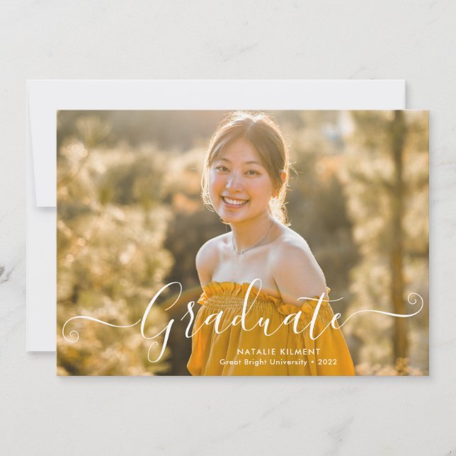 White Script Modern Graduate Photo Graduation Announcement (Front)