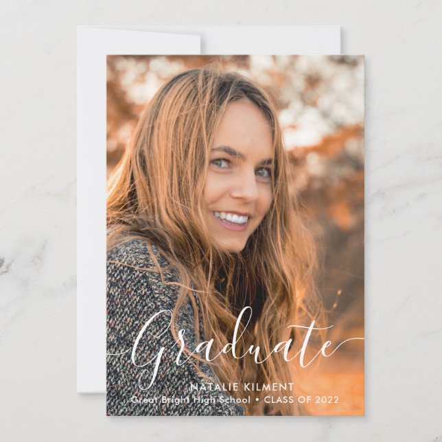 White Script Modern Graduate Photo Graduation Announcement (Front)