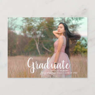 White Script Modern Graduate Photo Graduation Announcement Postcard