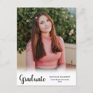 White Script Modern Graduate Photo Graduation Announcement Postcard
