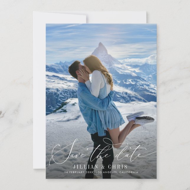 white script modern photo save the date card (Front)