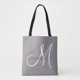 White Script Monogram Grey Linen  Tote Bag