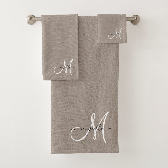 White Script Monogram Taupe Faux Linen  Bath Towel Set (Insitu)