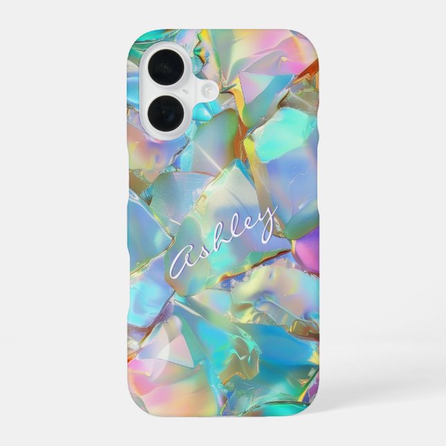 White Script Name on Opal Background iPhone 16 Case (Back)