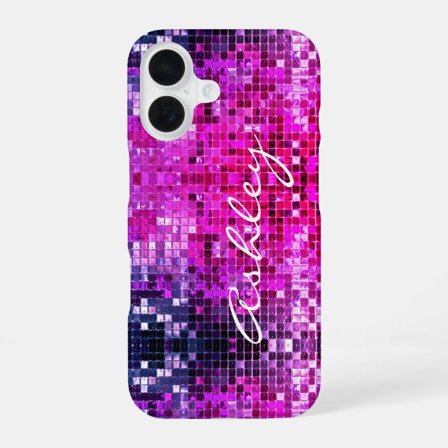 White Script Name on Pink Glitter iPhone 16 Case (Back)