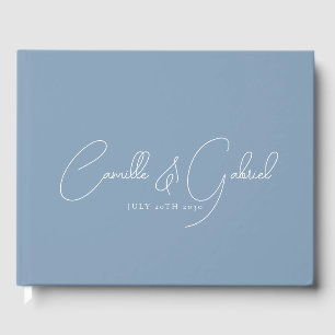 White Script Names Wedding Dusty Blue Guest Book