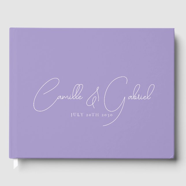 White Script Names Wedding Lavender Guest Book (Front)