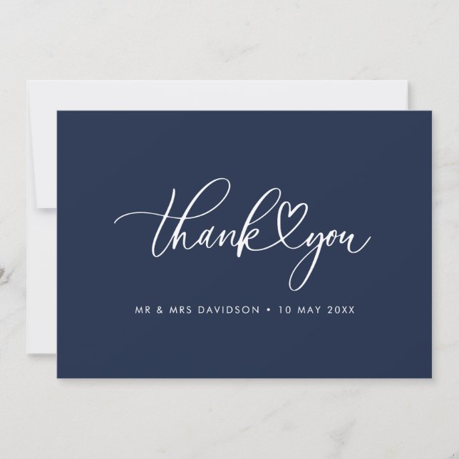 white script navy blue wedding thank you card (Front)