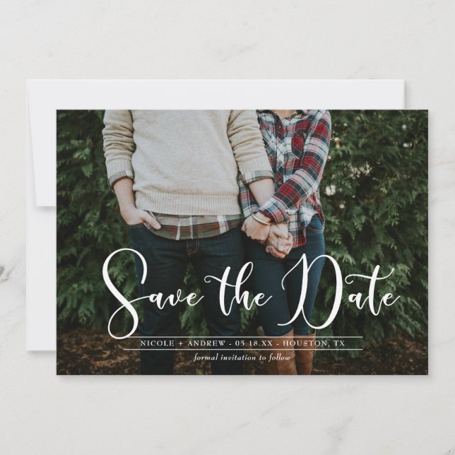 White Script Navy Chevron Photo Save the Date Card (Front)