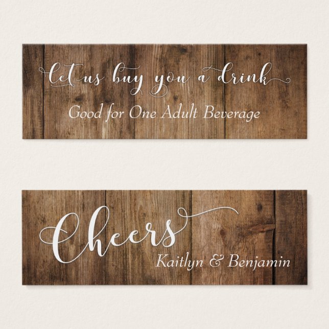 White Script on Brown Rustic Wood Drink Tickets (Front & Back)