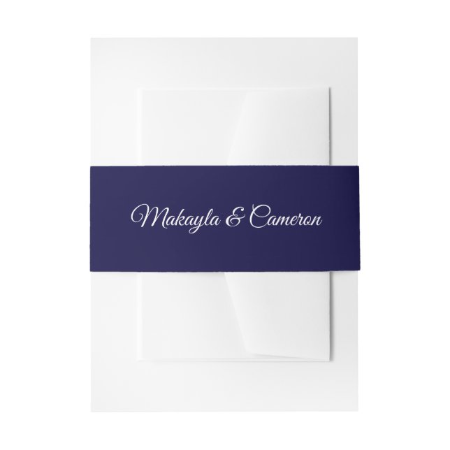 White Script on Navy Blue Elegant Simple Wedding Invitation Belly Band (Front Example)