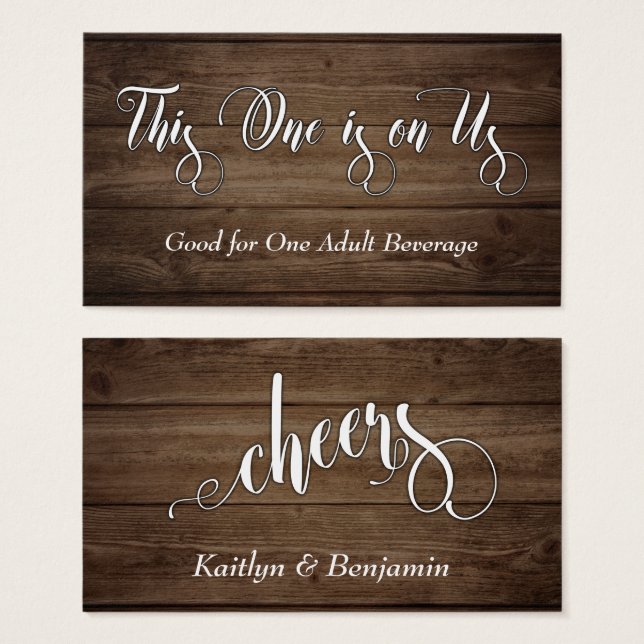 White Script on Rustic Brown Wood, Drink Tickets (Front & Back)