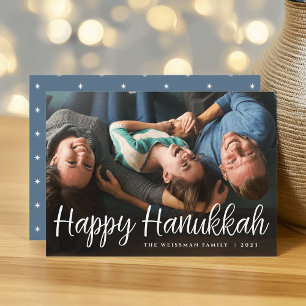 White Script Overlay Happy Hanukkah Full Photo Holiday Card