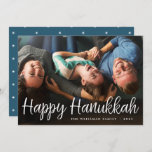 White Script Overlay Happy Hanukkah Full Photo Holiday Card<br><div class="desc">Elegant and festive Hanukkah photo card features "Happy Hanukkah" in handwritten style casual white script typography. Personalise with your family name and the year at the bottom.</div>