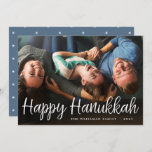 White Script Overlay Happy Hanukkah Full Photo Holiday Card<br><div class="desc">Elegant and festive Hanukkah photo card features "Happy Hanukkah" in handwritten style casual white script typography. Personalise with your family name and the year at the bottom.</div>