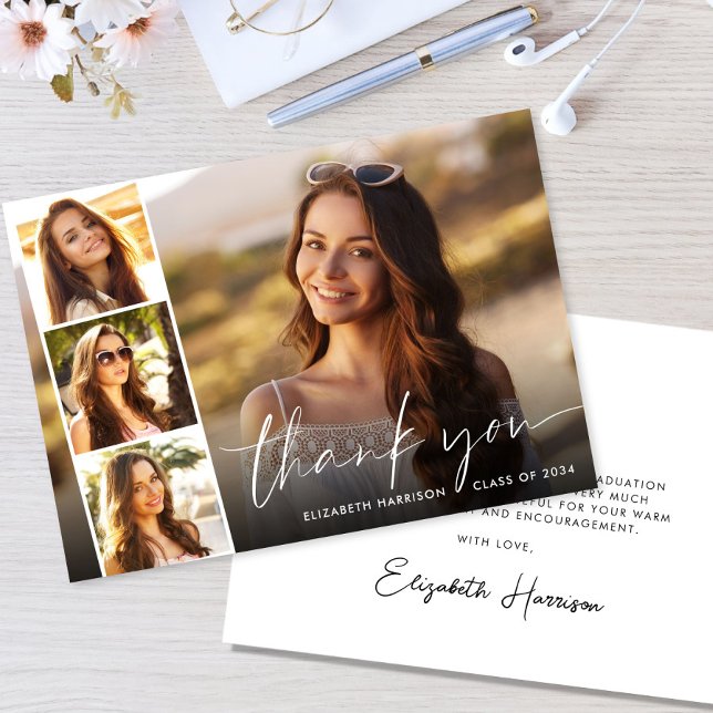 White Script Overlay Photo Strip Graduation Thank You Card (Creator Uploaded)