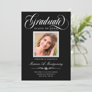 White Script Photo Black College Graduation Announcement