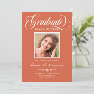 White Script Photo Burnt Orange College Graduation Announcement