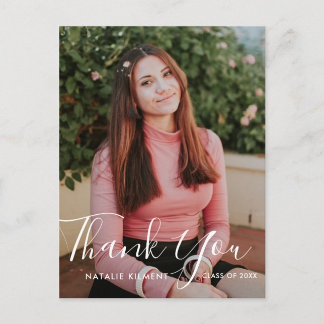 White Script Photo Graduation Thank You Postcard (Front)