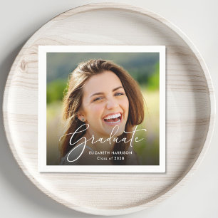 White Script Photo Overlay Graduation Party Napkin