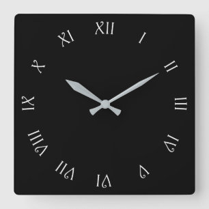 White Script Roman Numbers On Black wccn Square Wall Clock