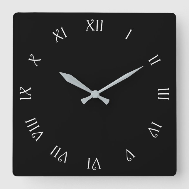 White Script Roman Numbers On Black wct Square Wall Clock (Front)
