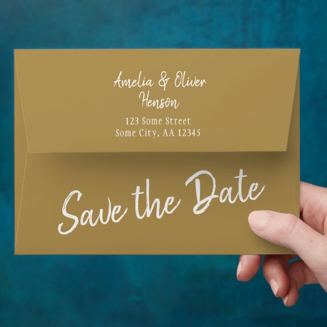 White Script Save the Date Return Address Wedding Envelope (Hand)