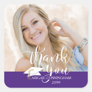White Script Thank You Purple Graduation Photo Square Sticker
