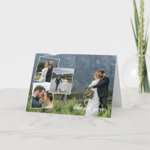 White Script Thank You Wedding Photo Collage Card
