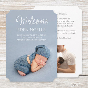 White Script Welcome Cute Photo Birth Announcement