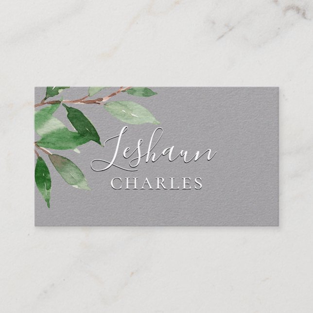 White Script Writing Light Greenery Grey Business Card (Front)
