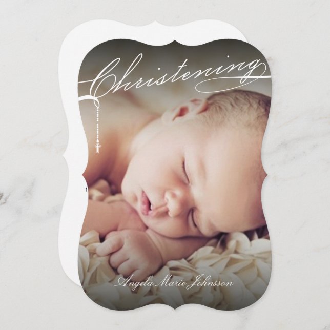 White Scripted Christening Cross Photo Religious Invitation (Front/Back)