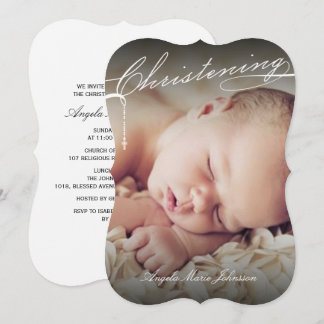 White Scripted Christening Cross Photo Religious Invitation