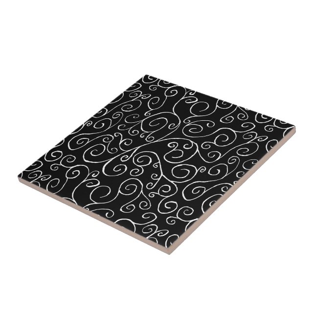 White Scrolling Curves on Black Ceramic Tile (Side)