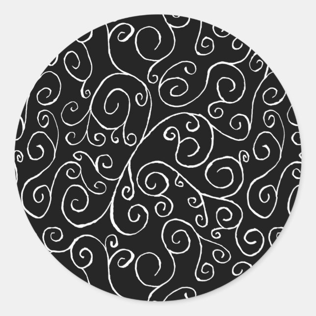 White Scrolling Curves on Black Classic Round Sticker (Front)