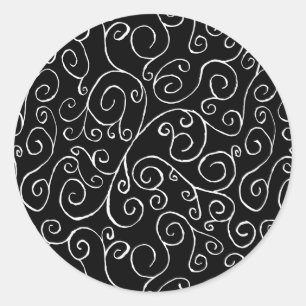 White Scrolling Curves on Black Classic Round Sticker