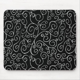 White Scrolling Curves on Black Mouse Pad