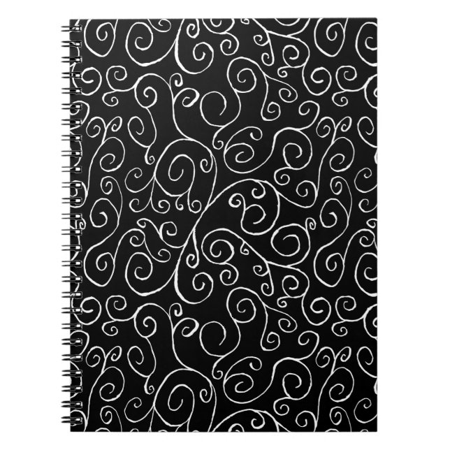 White Scrolling Curves on Black Notebook (Front)