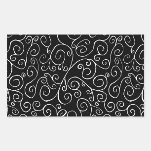 White Scrolling Curves on Black Rectangular Sticker