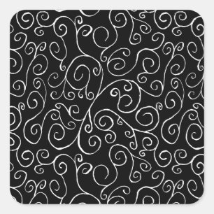 White Scrolling Curves on Black Square Sticker