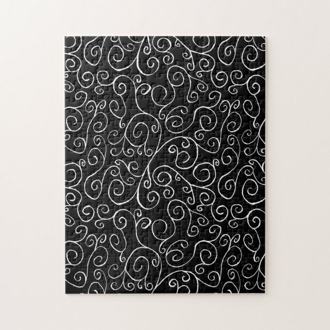 White Scrolling Curves on Solid Black Challenging Jigsaw Puzzle (Vertical)