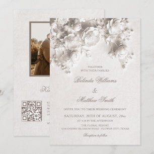 White Sculptured Flowers 3D Roses Wedding Invitation