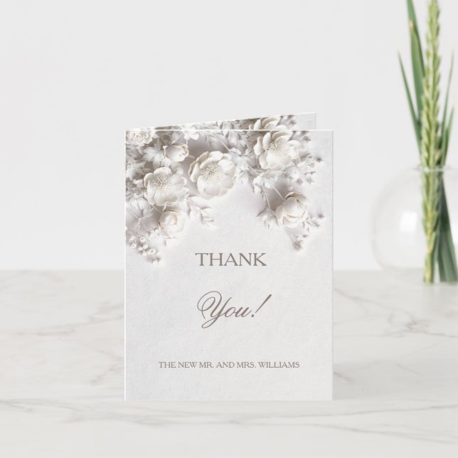 White Sculptured Flowers |  Wedding Photo  Thank You Card (Front)